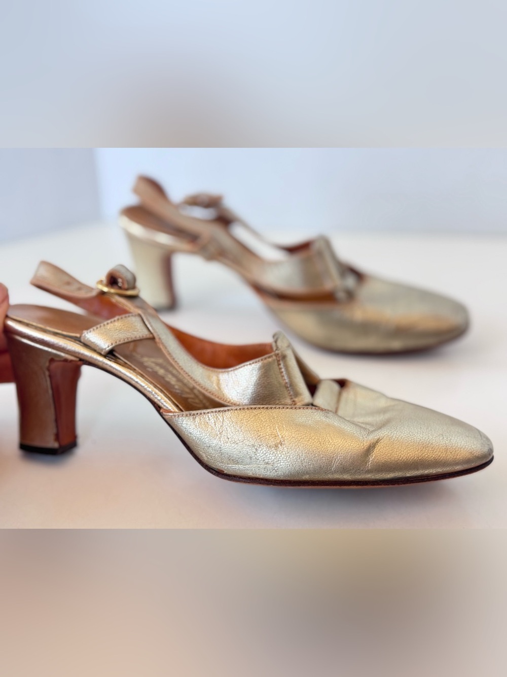 Vintage 60s 70s Balenciaga Gold Metallic Strappy Leather Slingback Heels Shoes